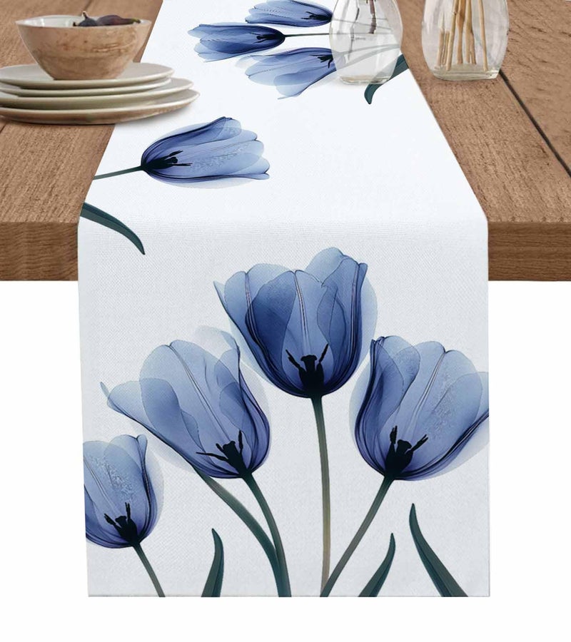 PIEPLE Floral Table Runner-Blue Tulip Cotton Linen-Long 90 inche Dresser Scarves,Flower Rustic Tablerunner for Kitchen Coffee/Dining Table Bedroom Home Living Room,Summer Spring Holiday Dinner Scarf Decor - Image 1